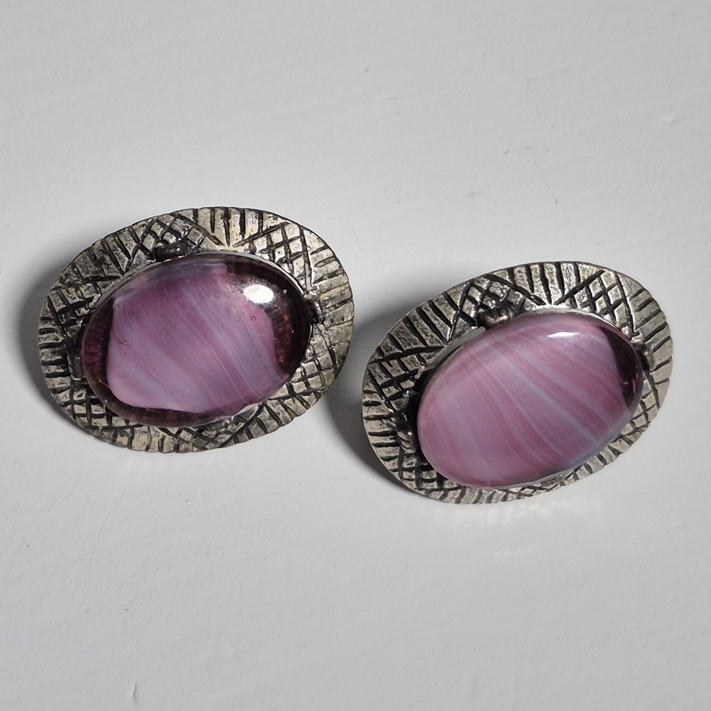 Vintage Coro Silver-tone and Purple Oval Cabochon Metallic Clip-on Earrings